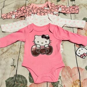 Hello Kitty 3 Bodysuits Long Sleeve Pink & White Bow Pattern Size 3 Months NWT